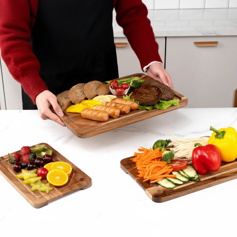 Person holding a acacia wooden tray with food on a kitchen counter
