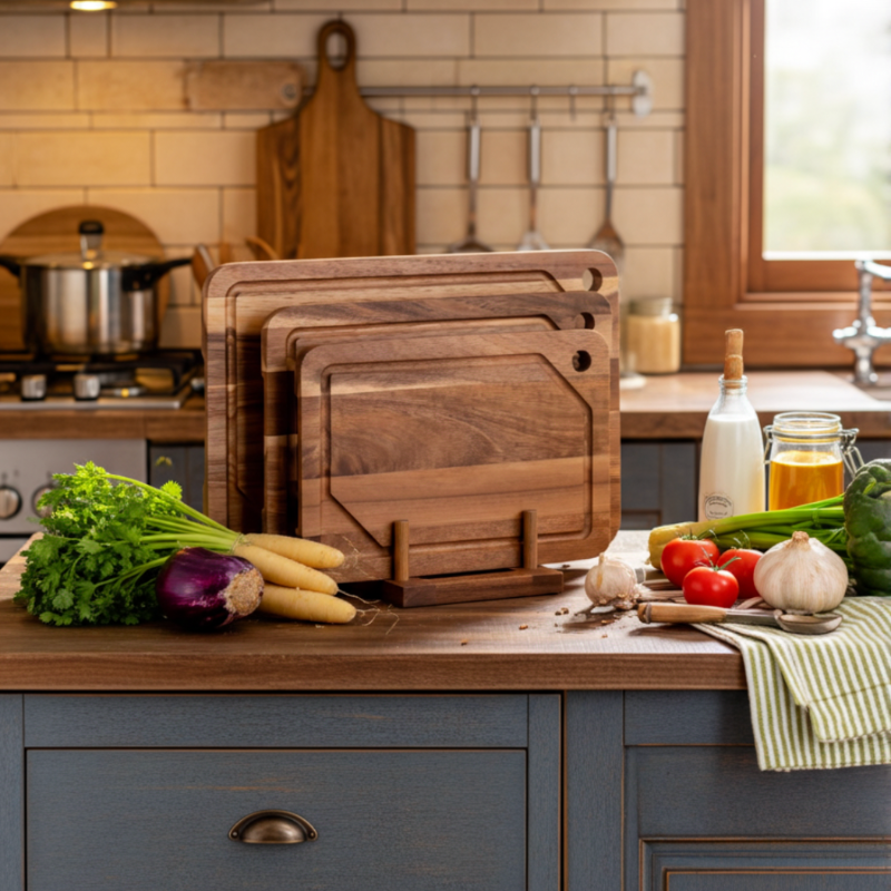 Wooden acacia cutting boards on a kitchen counter with vegetables and a bottle of milk.