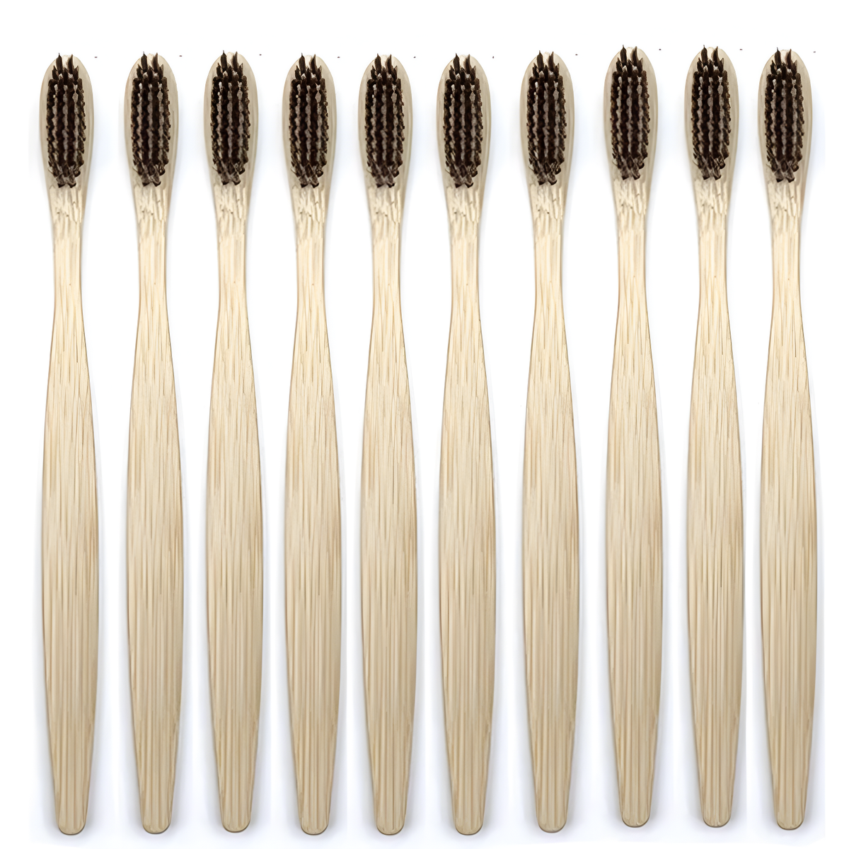 Set of bamboo toothbrushes with brown bristles and a cardboard box labeled 'Bamboo Toothbrush' on a white background.