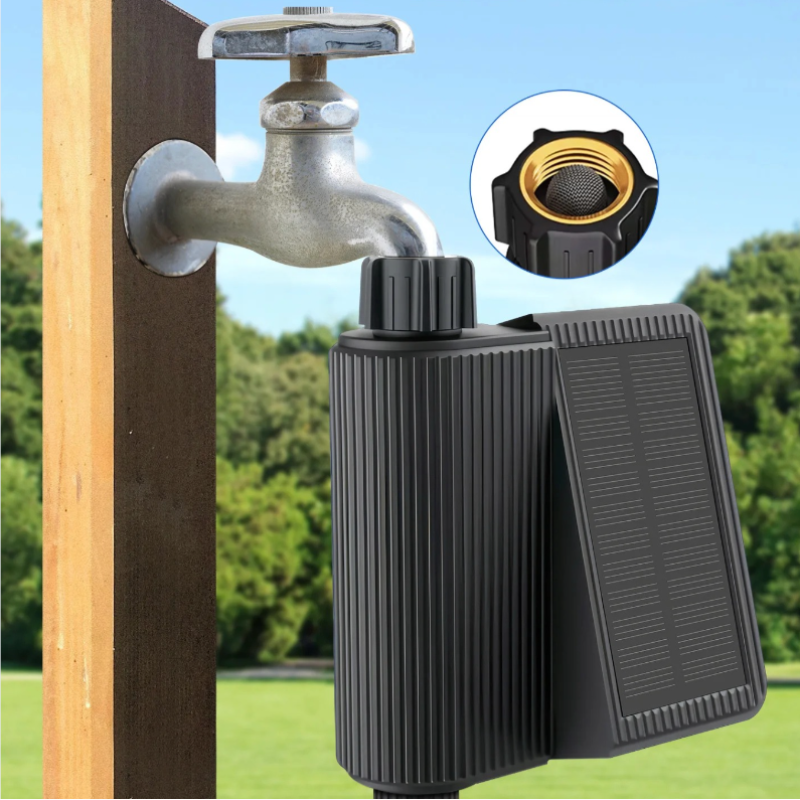 Solar water pump attached to a wooden post with a clear blue sky and greenery in the background.