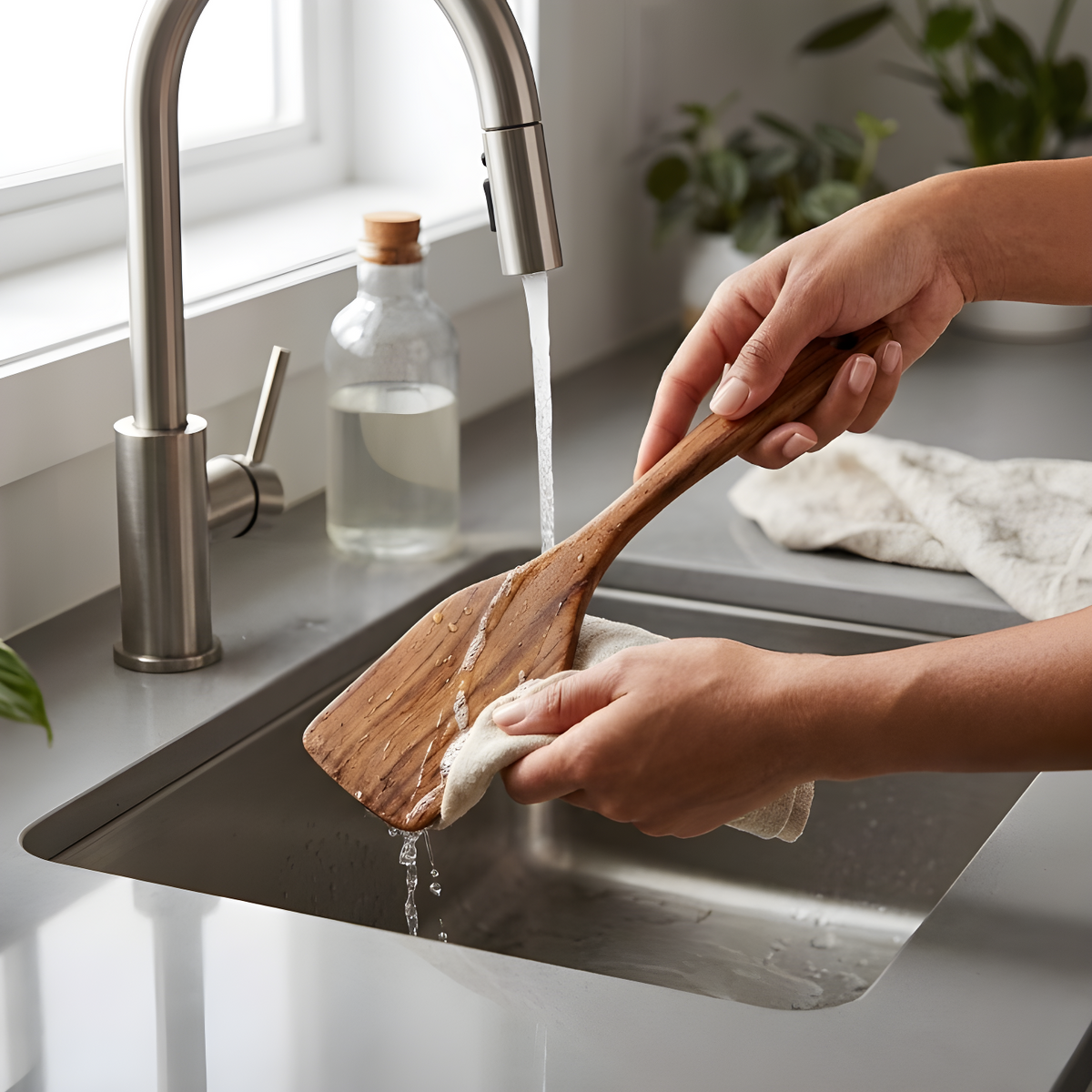 Hands hand washing a teak wood flat turner under running water at a kitchen sink with natural light and indoor plant in background, showing correct care instructions for the eco-friendly teak wood kitchen utensil set.