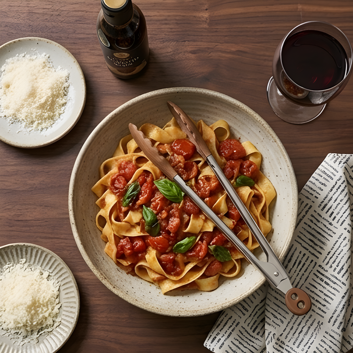 Walnut wood tongs serving pasta beside a glass of red wine and parmesan
