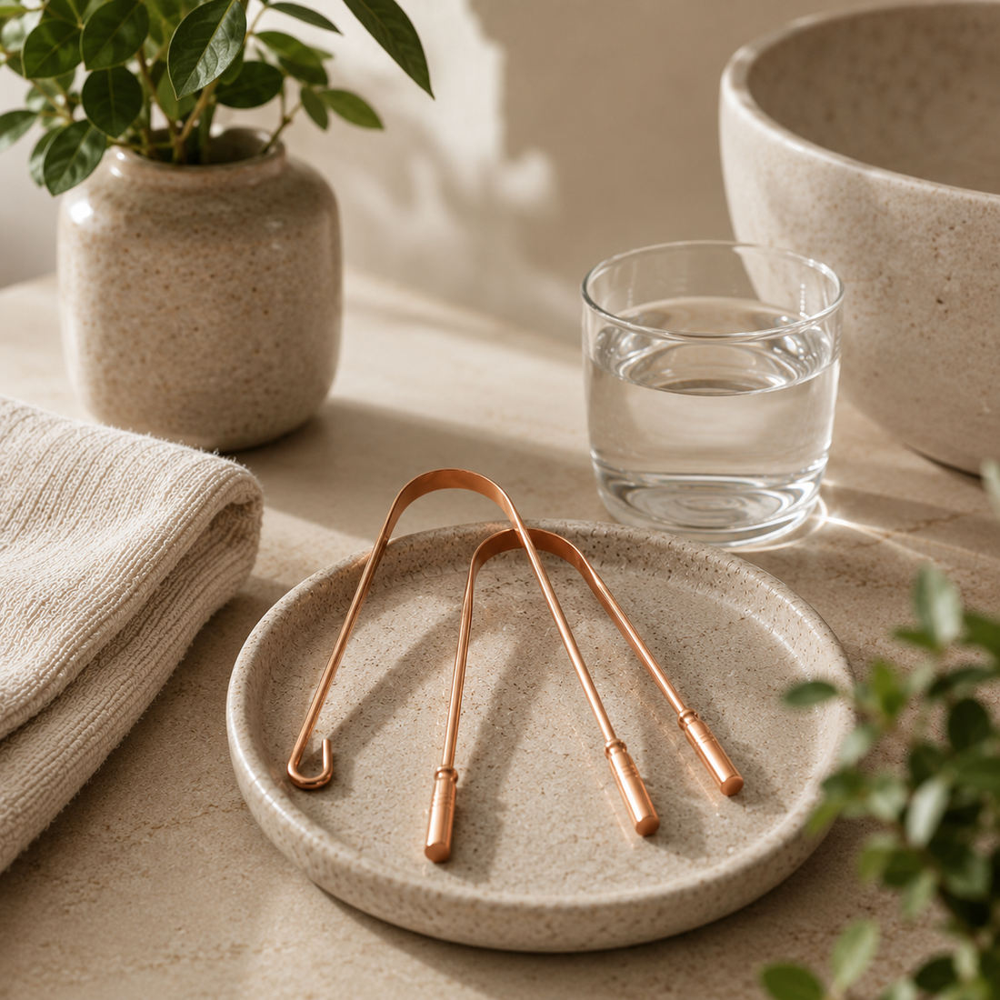 Three copper tongue scrapers resting on a round stone ceramic dish, beside a glass of water and a small potted plant, on a natural linen surface with soft natural light.