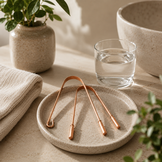 Three copper tongue scrapers resting on a round stone ceramic dish, beside a glass of water and a small potted plant, on a natural linen surface with soft natural light.