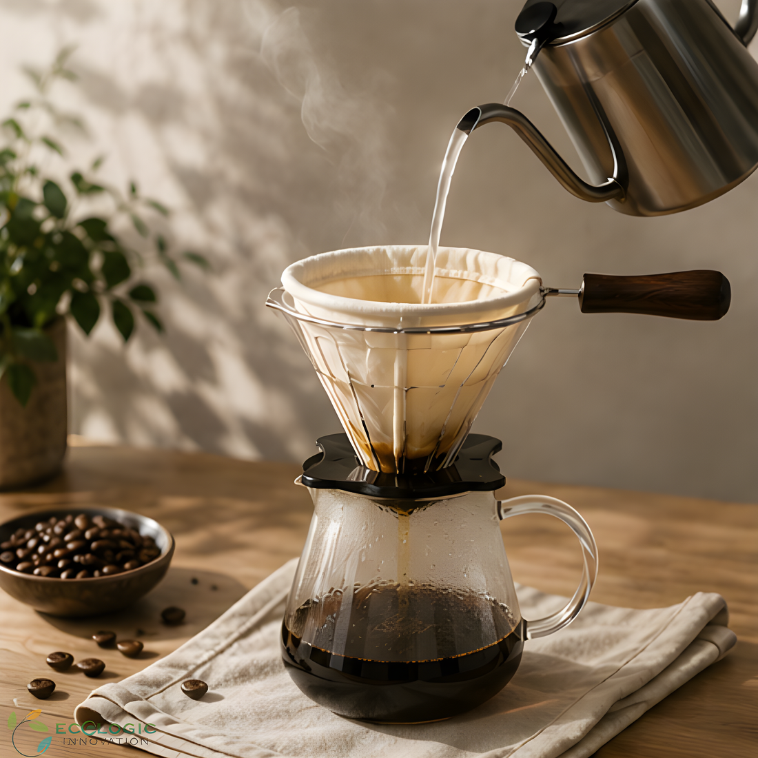 Reusable cotton mesh coffee filter brewing fresh coffee in a glass carafe as a sustainable alternative to disposable paper filters