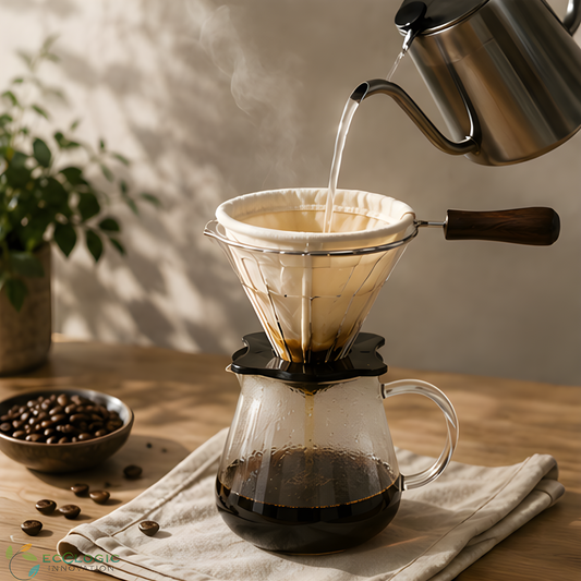 Reusable cotton mesh coffee filter brewing fresh coffee in a glass carafe as a sustainable alternative to disposable paper filters