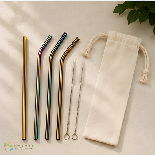 Reusable stainless steel drinking straws with cleaning brushes and a cotton storage pouch as an alternative to single-use plastic straws