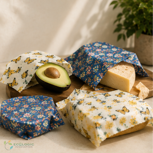 Reusable beeswax food wraps covering avocado, cheese and food as a natural alternative to single-use plastic wrap