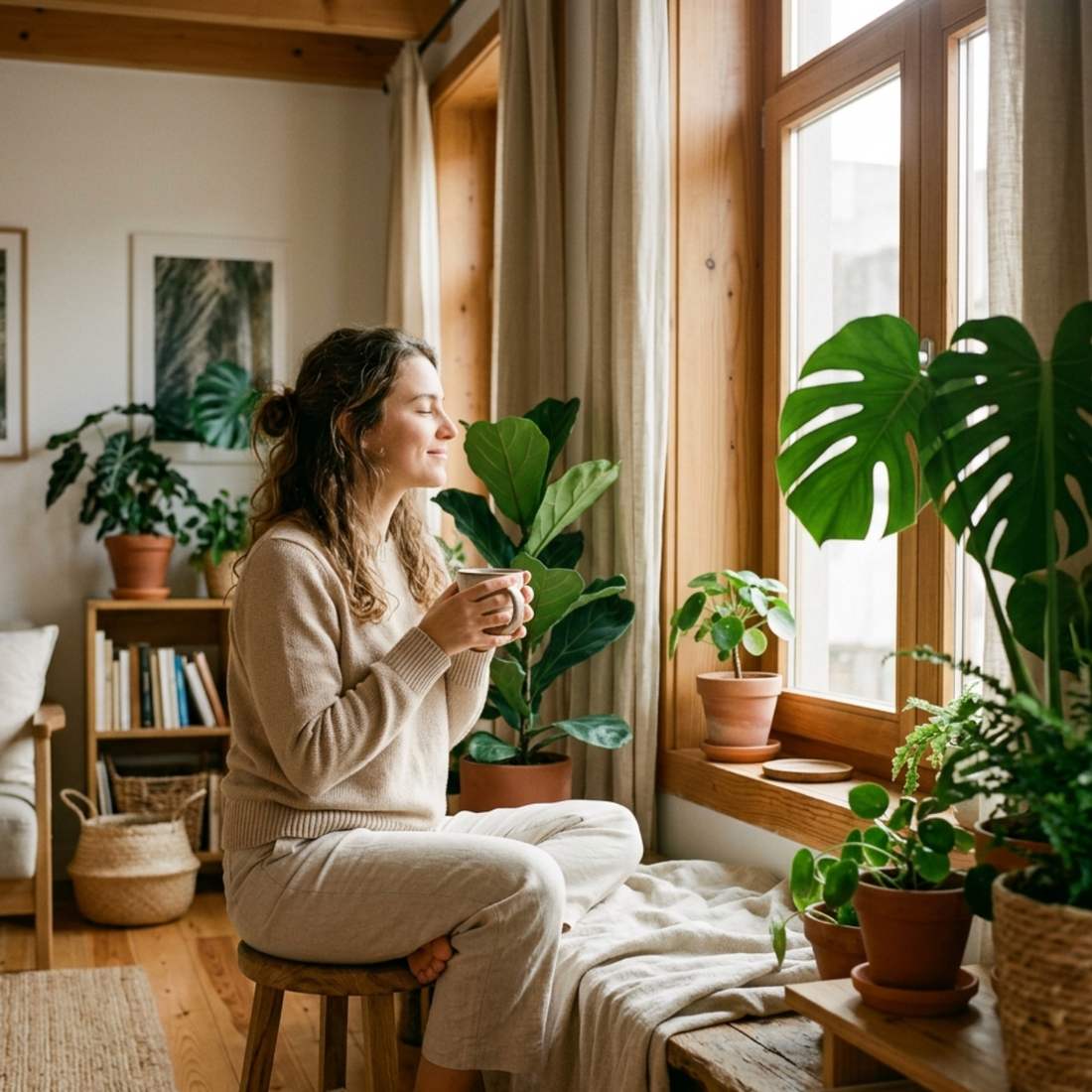 Person enjoying a calm sustainable lifestyle at home with plants and natural light
