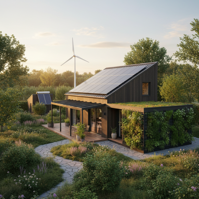 Inspiring eco-friendly home with solar panels and lush greenery, highlighting sustainable living and conscious energy use in harmony with nature.