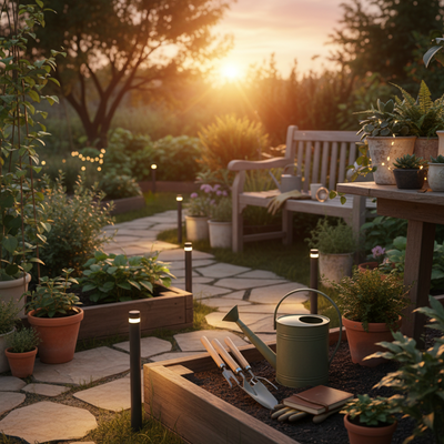 Cozy eco-friendly garden at sunset with solar path lights, potted plants, watering can, and manual gardening tools, reflecting a sustainable outdoor lifestyle