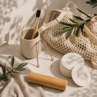 Natural personal care products including bamboo toothbrush, copper tongue scraper, reusable bamboo cotton pads and organic mesh tote bag arranged on a light stone surface with olive branches