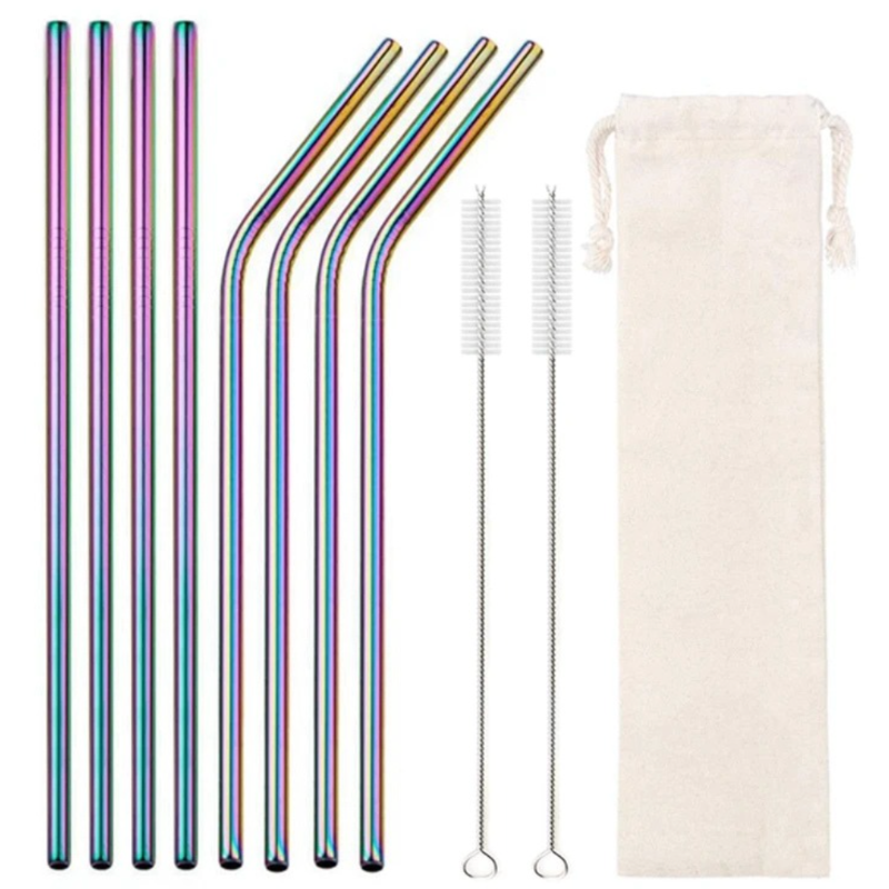 Set of 8 rainbow-colored metal straws with a cleaning brush and storage bag on a white background