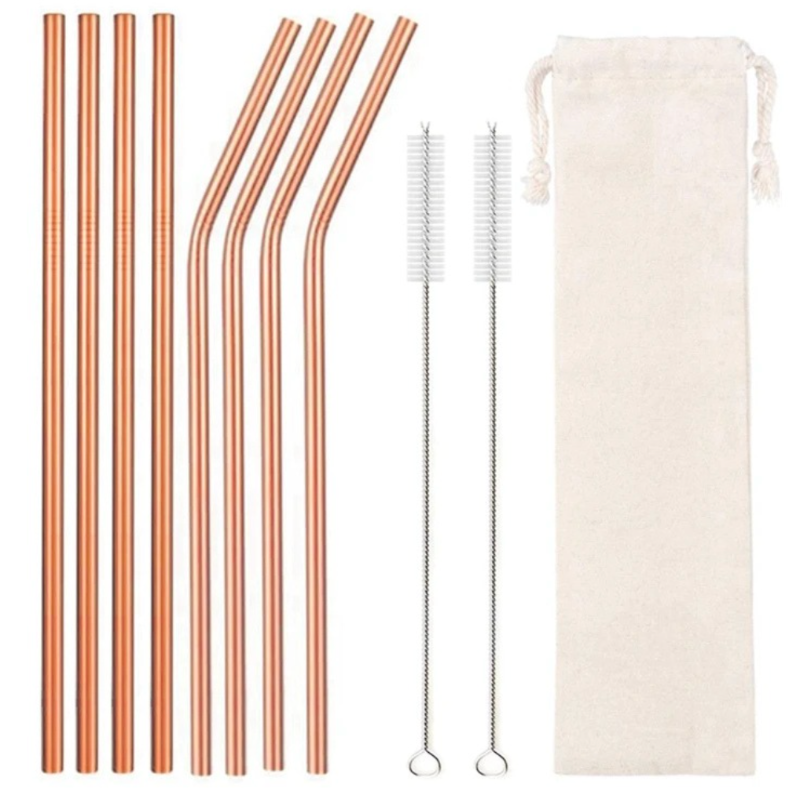 Set of 8 gold metal straws with cleaning brush and storage pouch on a white background