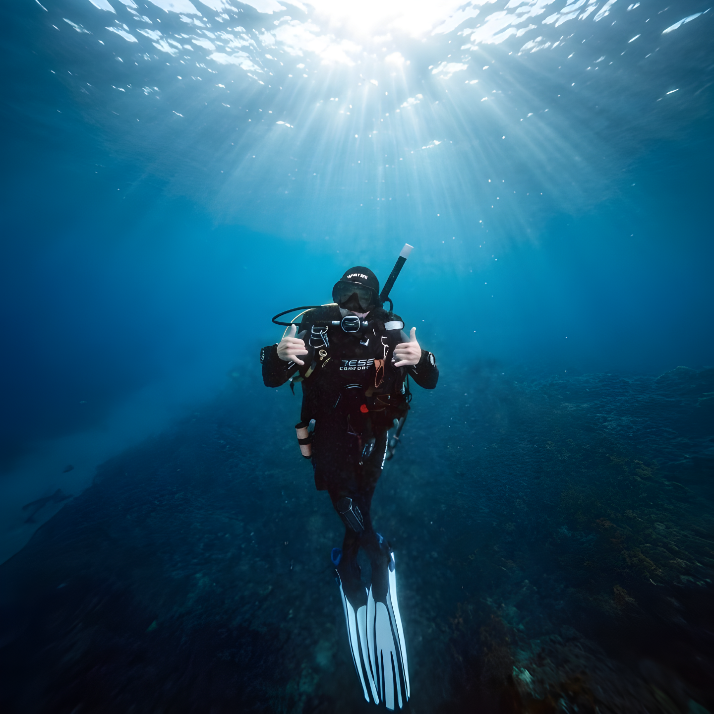 Yonit, founder of Ecologic Innovation, ascending through crystal clear ocean water with sunlight breaking through the surface, representing the connection to nature and ocean ecosystems that drives her commitment to sustainable everyday living.