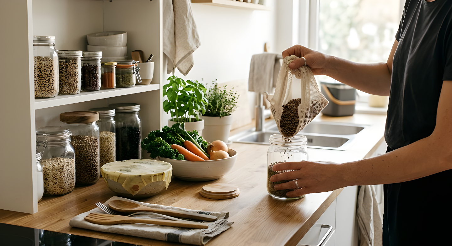 Person using a reusable mesh bag in a sustainable kitchen with glass jars, fresh vegetables, beeswax wrap and wooden utensils, showing practical eco-conscious everyday living aligned with Ecologic Innovation's mission.