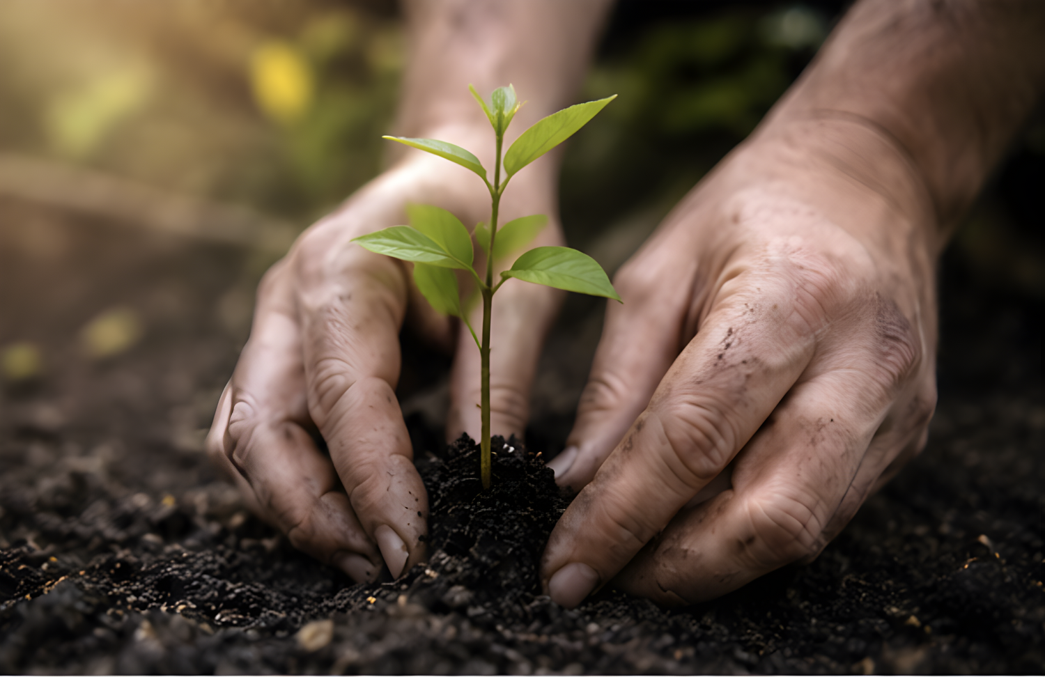 Hands planting a young seedling in rich dark soil, representing the Ecologic Innovation commitment to sustainability, reusability, and practical eco-conscious living.