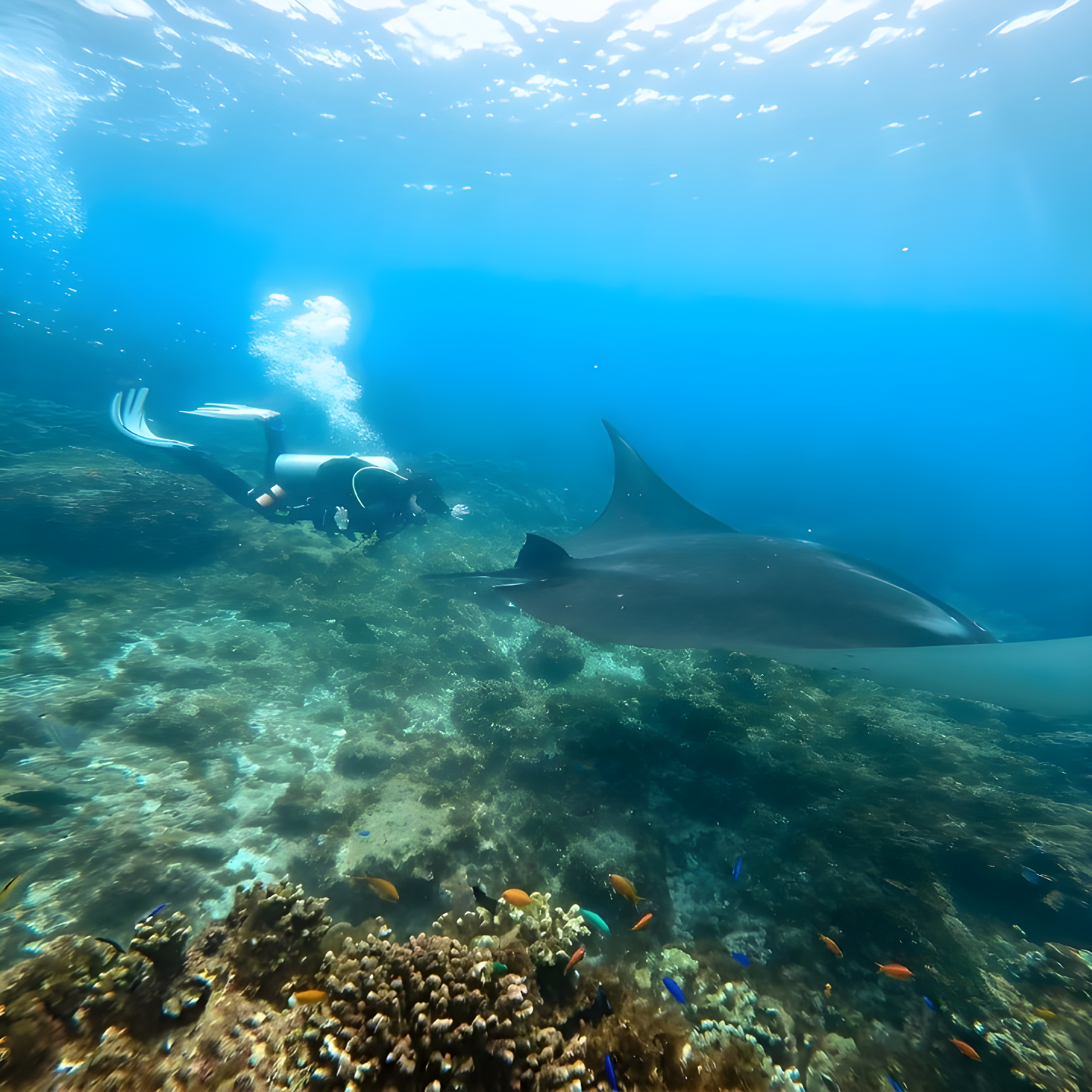 Yonit, founder of Ecologic Innovation, scuba diving alongside a manta ray above a vibrant coral reef, reflecting her background as a biologist and diver and the ocean experiences that inspired the store's sustainability mission.