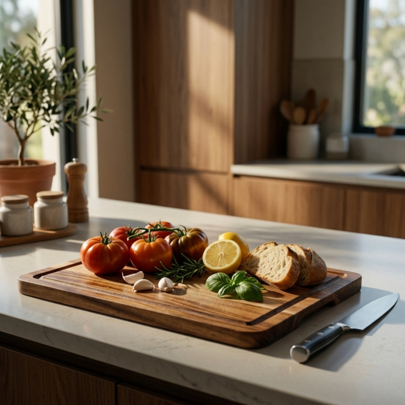 Acacia wood cutting board on kitchen counter with fresh tomatoes, lemon, garlic, basil and bread, natural light through window