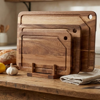 Set of acacia wooden cutting boards on a wooden surface with bread and lemons in the background.