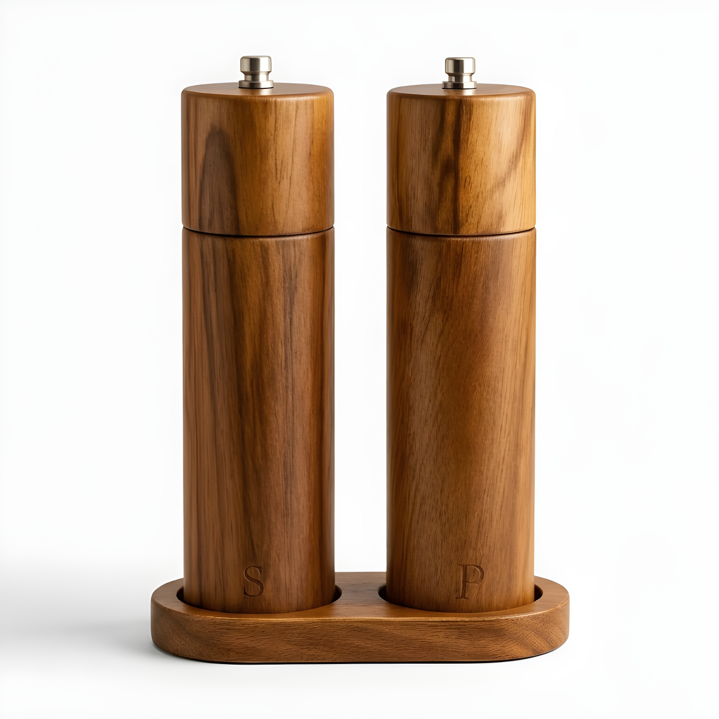 Acacia wood salt and pepper grinder set with engraved S and P lettering in matching oval wooden holder on a white background.