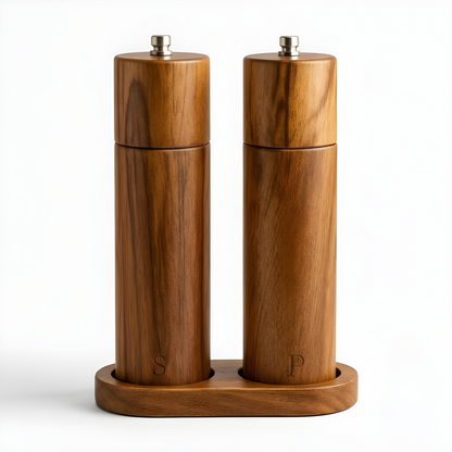 Acacia wood salt and pepper grinder set with engraved S and P lettering in matching oval wooden holder on a white background.