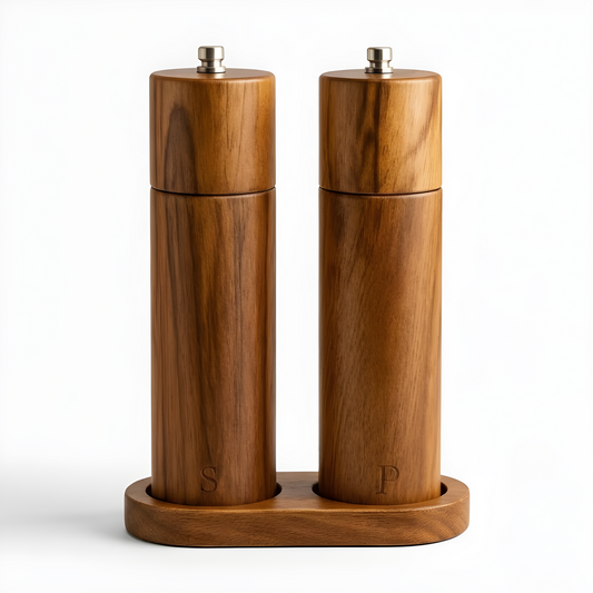 Acacia wood salt and pepper grinder set with engraved S and P lettering in matching oval wooden holder on a white background.