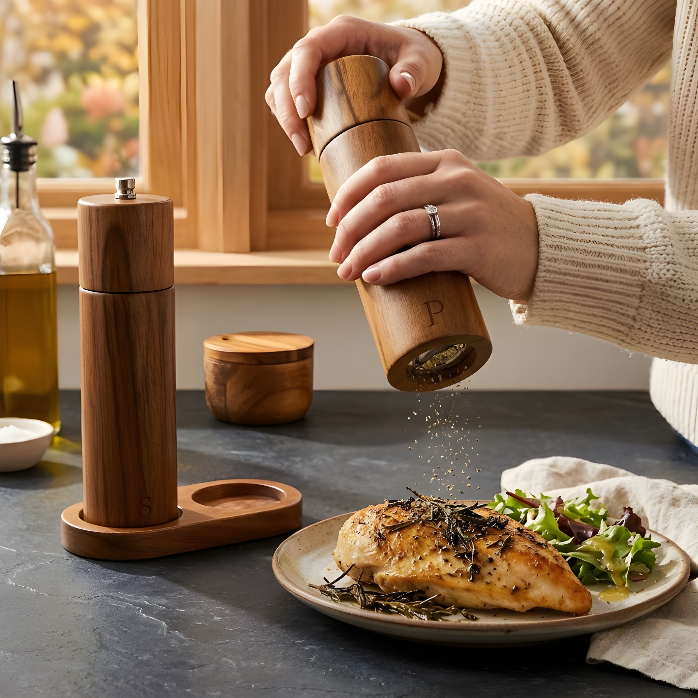 Hand grinding fresh pepper from an acacia wood pepper mill over a grilled chicken breast with rosemary, with the full grinder set visible in the background.