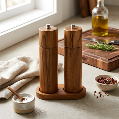 Acacia wood salt and pepper grinder set with wooden holder styled on a kitchen counter with sea salt, mixed peppercorns, linen cloth, olive oil and a cutting board