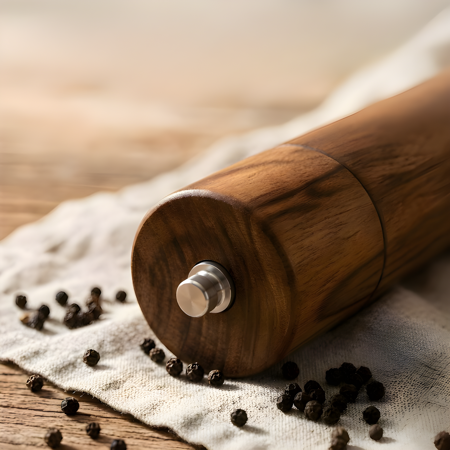 Acacia wood pepper grinder lying on its side on a natural linen cloth on a wooden surface, surrounded by whole black peppercorns, showing natural wood grain and stainless steel knob detail.