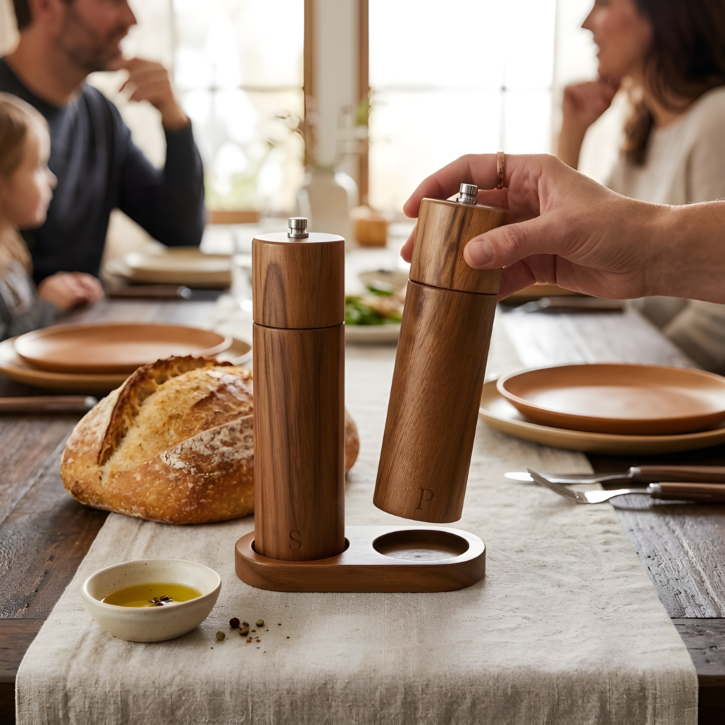 Acacia wood salt and pepper grinder set with wooden holder on a family dinner table, with a hand reaching for the pepper grinder, sourdough bread, olive oil and ceramic plates in the background.
