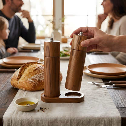 Acacia wood salt and pepper grinder set with wooden holder on a family dinner table, with a hand reaching for the pepper grinder, sourdough bread, olive oil and ceramic plates in the background.