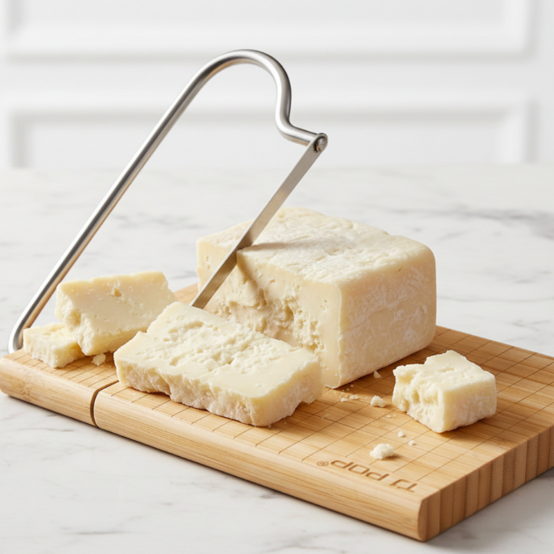 Premium bamboo cheese slicer with integrated stainless steel blade on a white marble background. Eco-friendly kitchen tool for precise slicing of cheese, butter, and appetizers. Sustainable bamboo board with grid pattern for uniform cuts.
