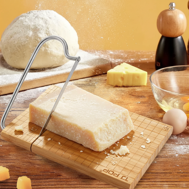 Block of cheese on a wooden board with a cheese slicer, surrounded by kitchen items.