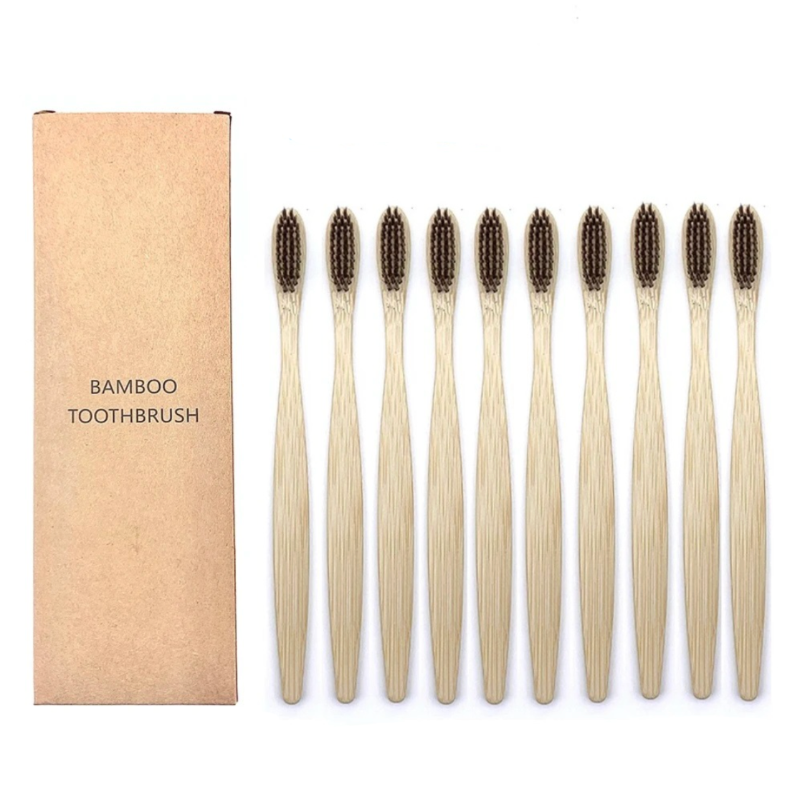 Set of bamboo toothbrushes with Bamboo charcoal bristles and a cardboard box labeled 'Bamboo Toothbrush' on a white background.
