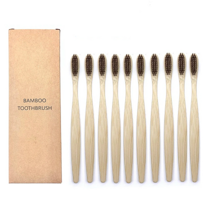 Set of bamboo toothbrushes with Bamboo charcoal bristles and a cardboard box labeled 'Bamboo Toothbrush' on a white background.