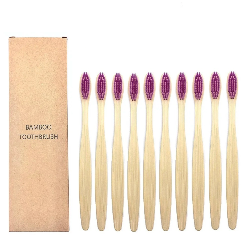 Set of bamboo toothbrushes with purple bristles and a cardboard box labeled 'Bamboo Toothbrush' on a white background.