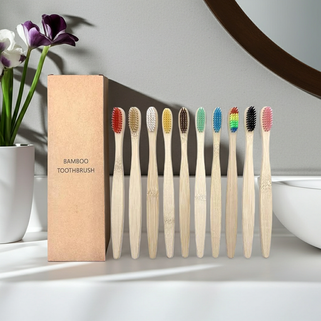 Bamboo Toothbrush 10-Pack – Zero-Waste, Soft-Bristle, Family-Sized