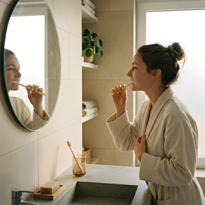 Woman brushing her teeth using the bamboo toothbrush in a bathroom mirror.