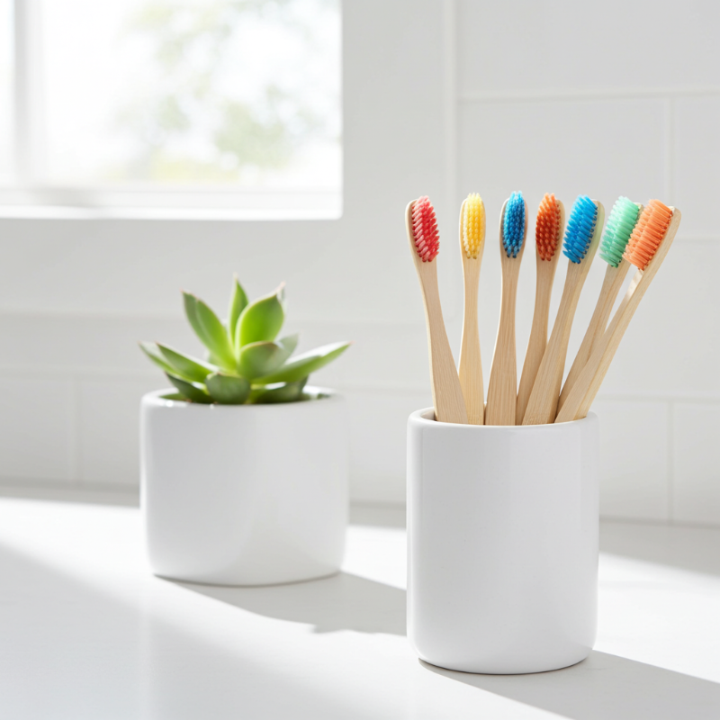 Set of colorful toothbrushes in a white holder with a potted plant in the background.