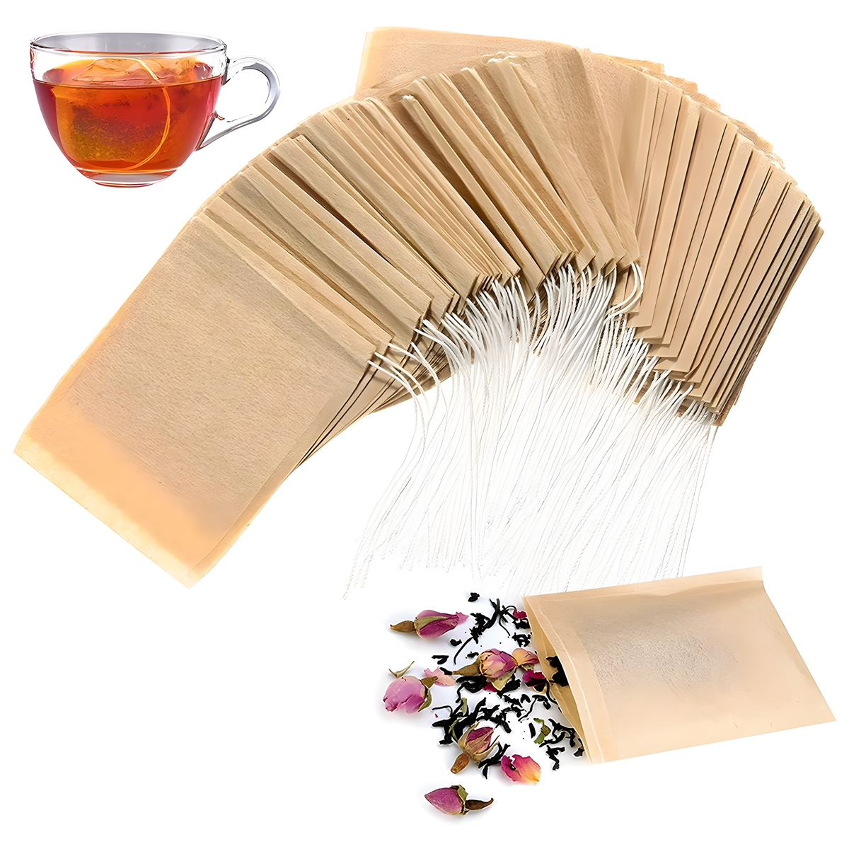Multiple biodegradable drawstring tea bags fanned out beside a cup of brewed tea, with one bag spilling loose tea leaves and dried rose buds, shown on a white background