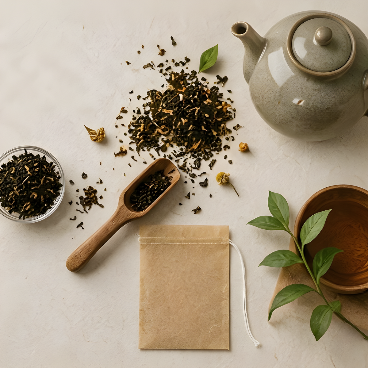 Flat lay of loose tea leaves, a wooden scoop, an empty biodegradable tea bag and a ceramic teapot on a neutral background.
