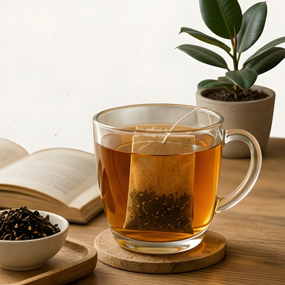 Cup of tea with a biodegradable tea bag on a wooden tray beside a lit candle and a cozy blanket, set up for a relaxing evening