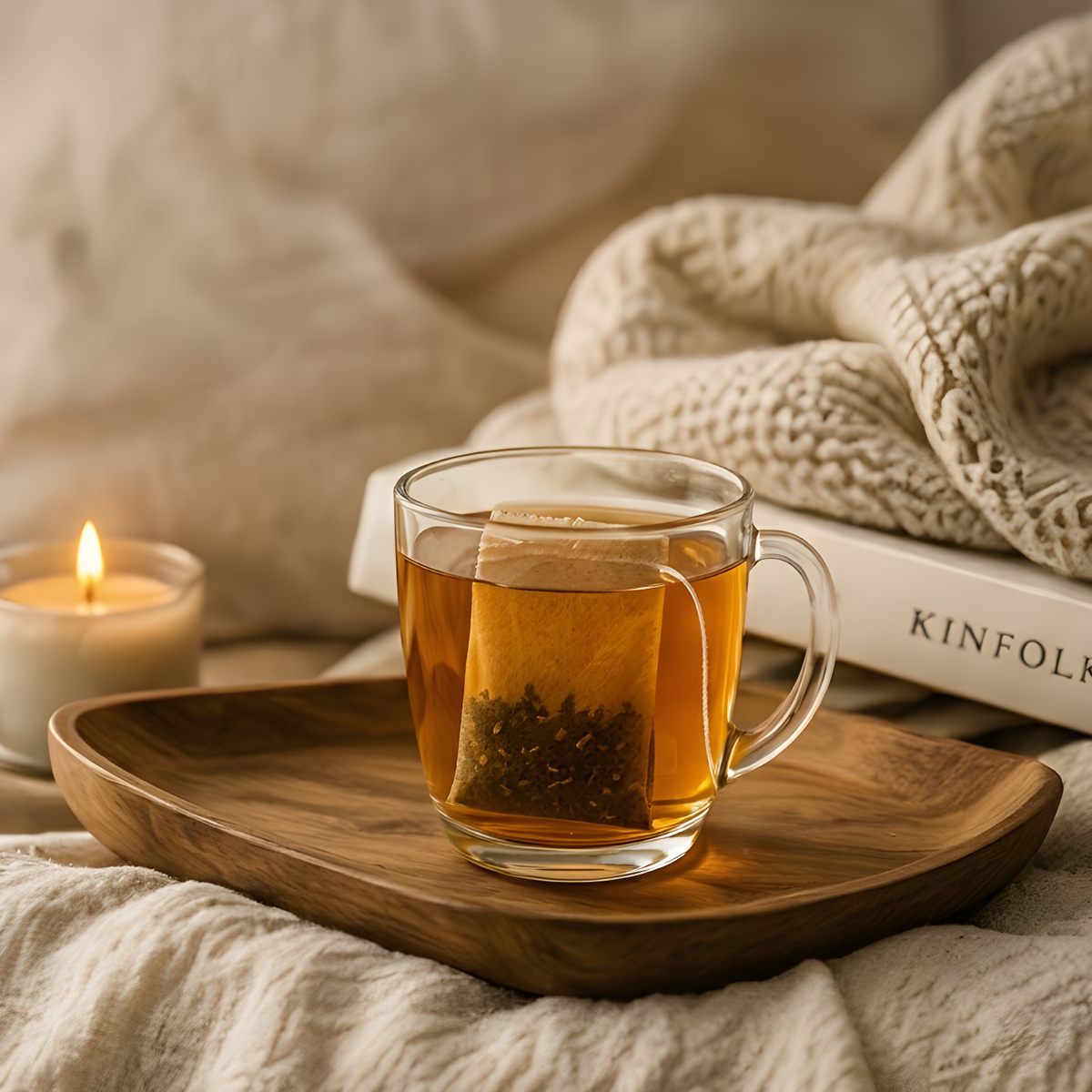 Biodegradable tea bag steeping in a glass mug on a wooden coaster, next to an open book, a bowl of loose tea and a potted plant.
