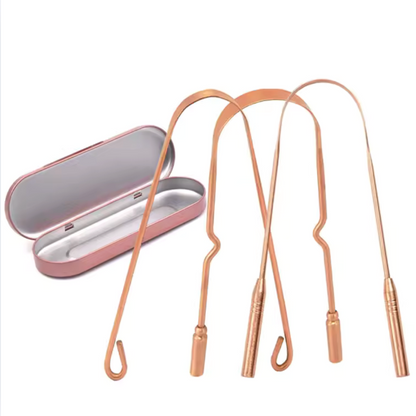 Three copper tongue scrapers in Shape A, B and C displayed with pink travel tin, showing the 3-piece set option for eco-friendly oral care.