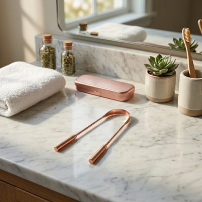 Bathroom counter with marble surface, towel, and various items including the copper tongue scraper and it travel case.