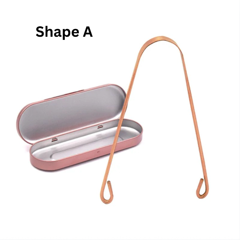 Copper tongue scraper Shape A with wide arch and loop-tip handles displayed with pink travel tin case, 100% pure copper eco-friendly oral care tool.