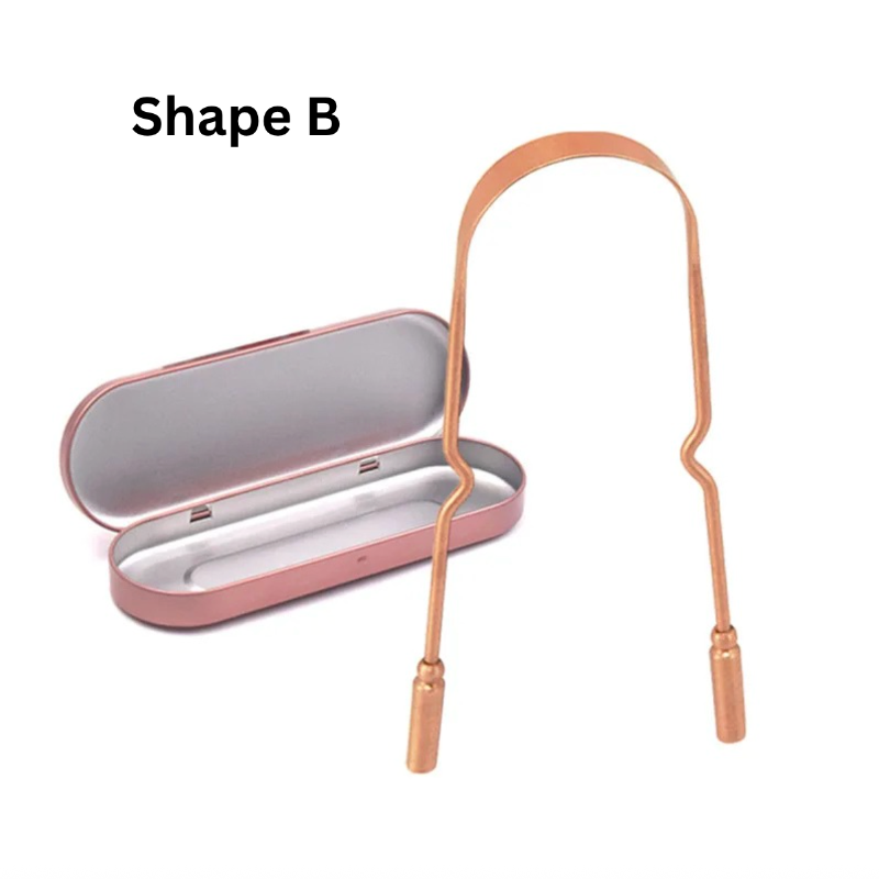 Copper tongue scraper Shape B with narrow profile and barrel handles displayed with pink travel tin case, naturally antimicrobial BPA-free oral hygiene tool.