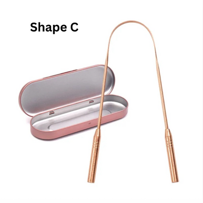 Copper tongue scraper Shape C with tall arch and extended barrel handles displayed with pink travel tin case, rust-proof copper tongue cleaner for daily use.