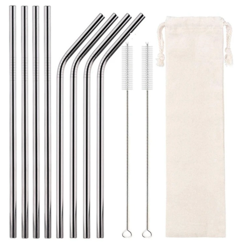Eight reusable Silver stainless steel straws with cleaning brush and eco-linen carry pouch, food-grade 304 18/8 BPA-free metal straw kit.
